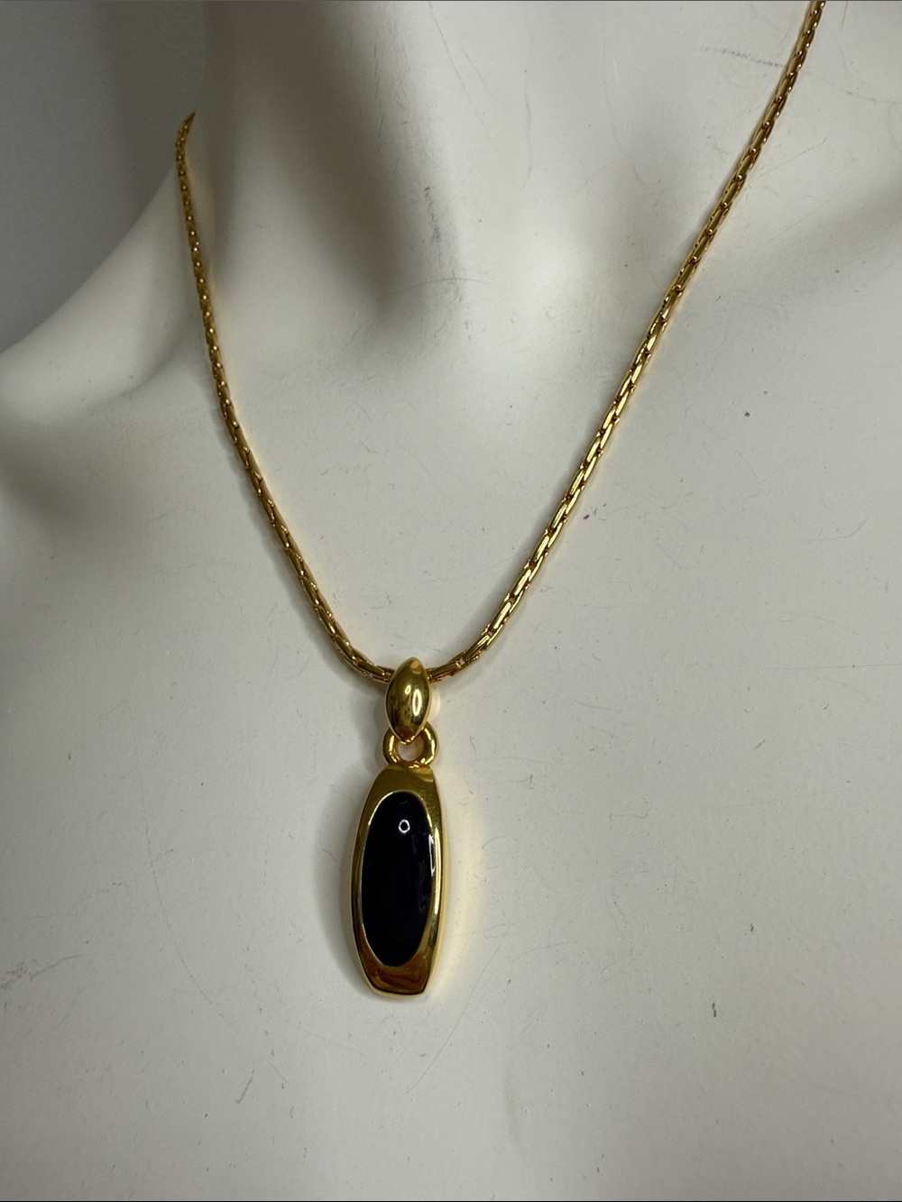 Vintage Monet Gold Tone Navy Blue Enamel Pendant Necklace